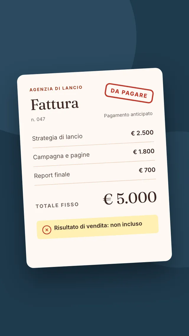 Una factura de agencia de 5.000 euros a importe fijo, con el sello «Pendiente de pago» y la nota «Resultado de ventas: no incluido».