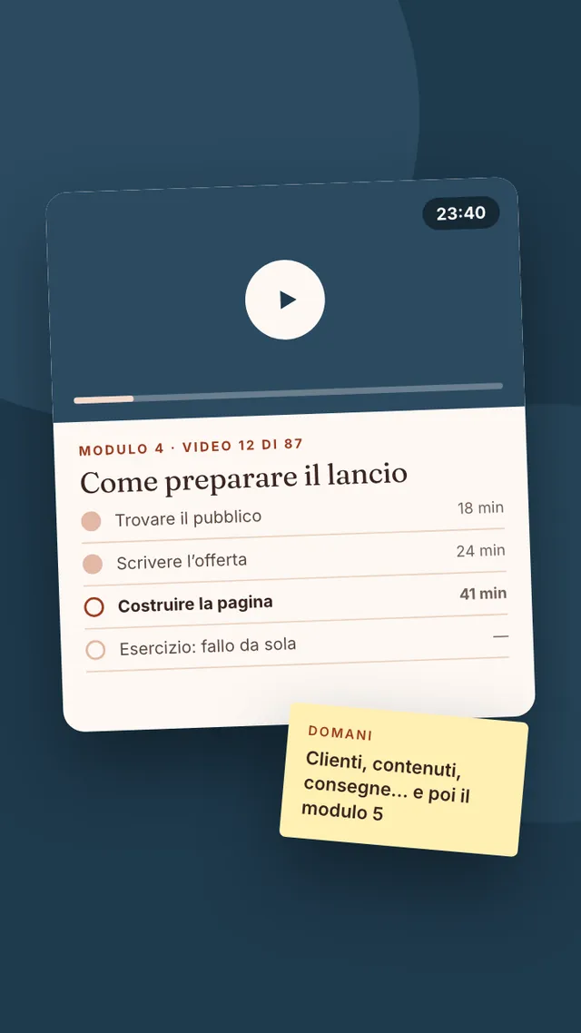 Un curso online abierto a las 23:40, módulo 4, vídeo 12 de 87, con una nota «Mañana: clientes, contenidos, entregas… y luego el módulo 5».